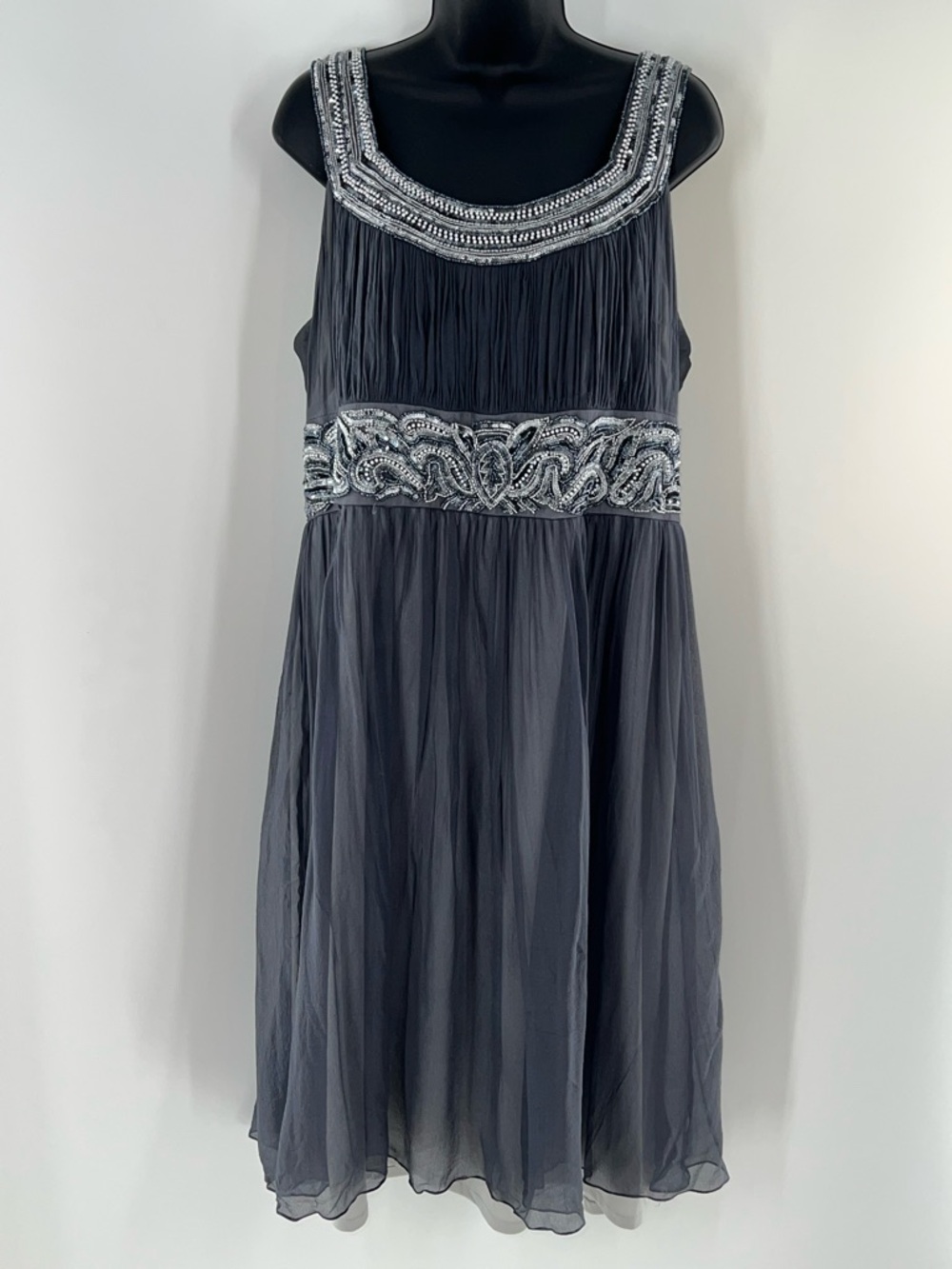 Patra 100% Silk Chiffon Charcoal Gray/Silver Beads/Sequin Detail at Waist/Straps